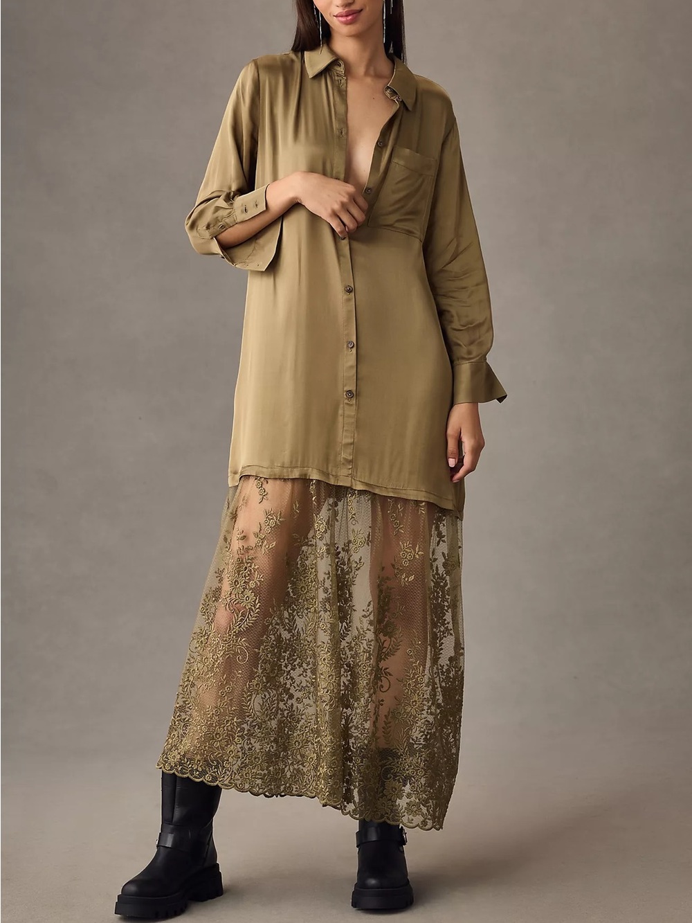 By Anthropologie Olive Green Lace Mix Twofer Satin Maxi Dress Sheer Hem Small